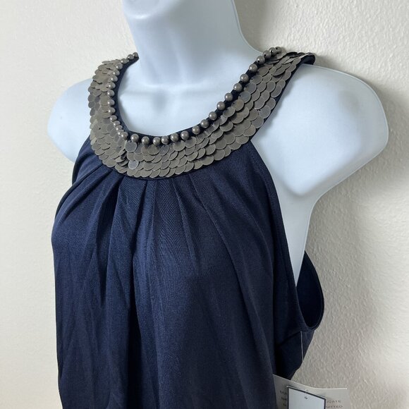 Anne Klein Sleeveless Top Womens L Navy Blue Silk Nylon Round Neck Metal Sequins - Picture 1 of 14